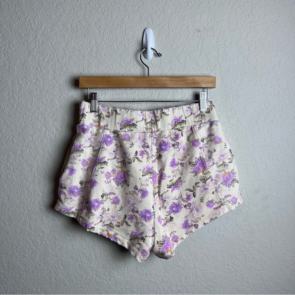 LoveShackFancy Renato Floral Print Shorts M Cotton Jersey Ultra Violet Clouds - Picture 13 of 14